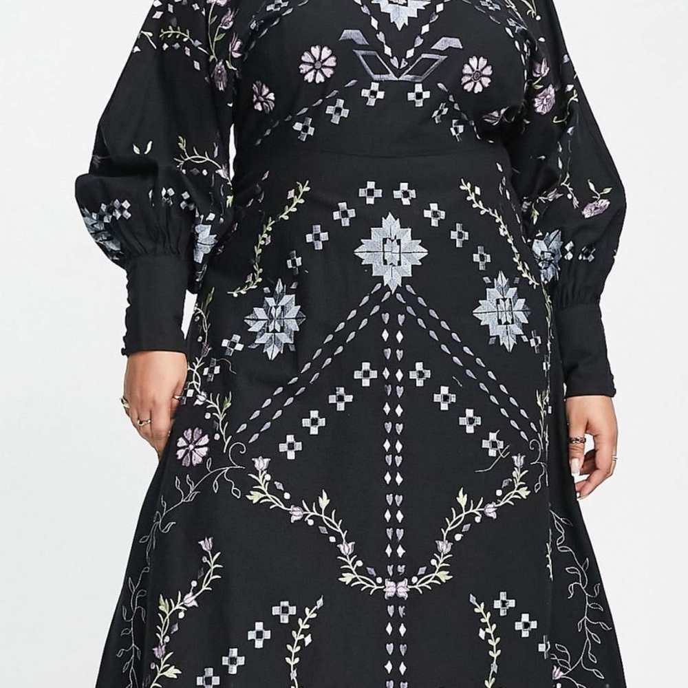 ASOS Curve Black Long Sleeve Embroidered Maxi Dress